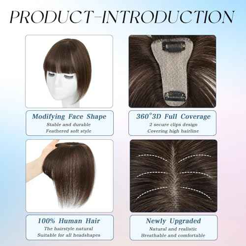 Hair Toppers for Women Real Human Hair, 360¡Æ Cover Clip in Bangs Medium Brown Wispy Bangs HairPieces for Women Daily (Medium Brown, 3D Bangs)