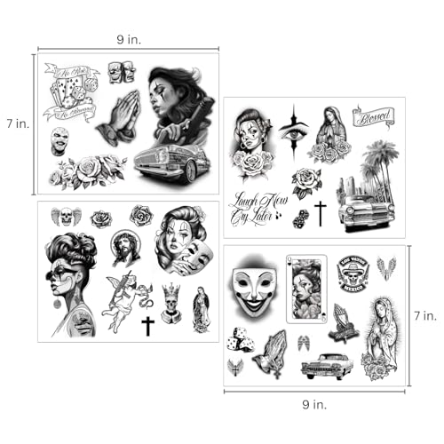 Los Vatos Chicano Bundle - 8 Sheets Cholo and Chola Temporary Tattoos - Payasa, Lowrider, Virgin Mary, Prayer, Cross, Chicana, Gangster, Fake Tattoo, D?a de Muertos, Tatuajes Temporales