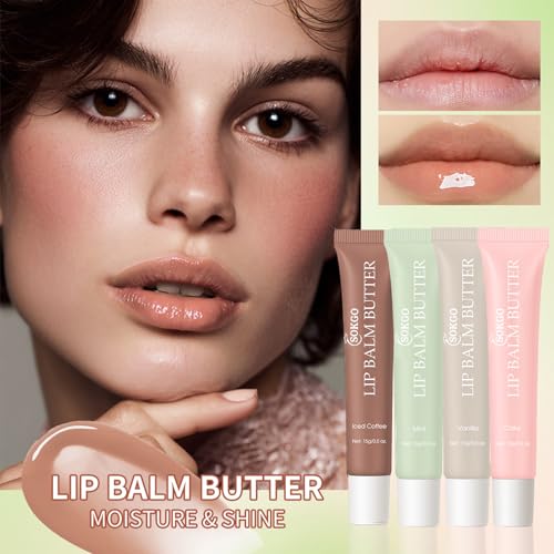 Summer Lip Glossy Butter Lip Balm, Lip Gloss Set, Soothing Lip Skincare, Instant Moisture, Lightweight, Nourish, Hydrate, Moisturizing Tint, Non-Sticky, Long-lasting (4Colors, Large)