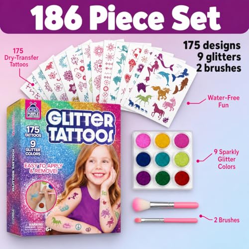 Glitter Tattoo Kit for Kids - 175 Designs, 9 Colors