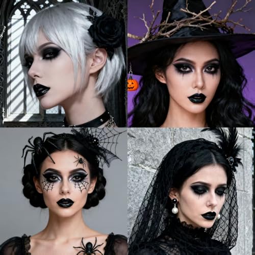 Black Eyeshadow Palette Liquid Lipstick Eyeliner Set with Mini Brush, Smokey Eye Shadow Black Lip Gloss lip liner Set, Smudge Proof Long-lasting, Suitable for Halloween Cosplay Goth Witch Makeup