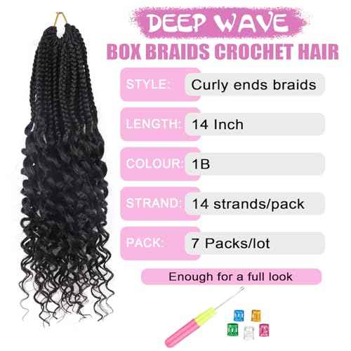 14 Inch Goddess Box Braids Crochet Hair New Short Crochet Braids for Black Women 7 Packs Pre Looped & Braided Micro Box Braid with Curly Ends for Daily - Easy Install Style & All Day Comfy (1B)
