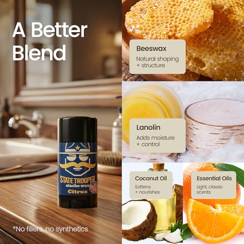 State Trooper Mustache Wax for Men ? Medium Hold with Beeswax, Coconut Oil & Lanolin ? Natural Moustache Grooming & Styling Wax with Citrus Scent - Nourishing Conditioner & Sculpting in a Tube/Stick