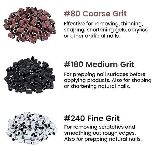 Delanie 300 Pcs #80#180#240 Sanding Bands for Electric Nail Drill Machines with Mandrel Bit, Professional Manicure Nail Salon Supplies, Fine Medium Coarse Grit