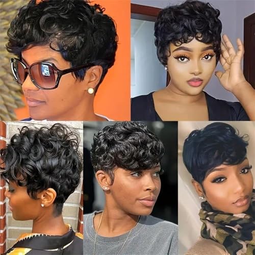 Yviann Short Pixie Cut Wig with Bangs - Black Layered Human Hair