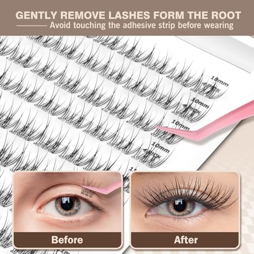 Self Adhesive Lash Clusters No-Stem 10-12mm Short Lash Clusters 156pcs Clear Invisible Band Pre Glued DIY Eyelashes Natural Soft Wispy C-Curl Individual Eyelash Extensions with Tweezers EPUDY FIHSALA