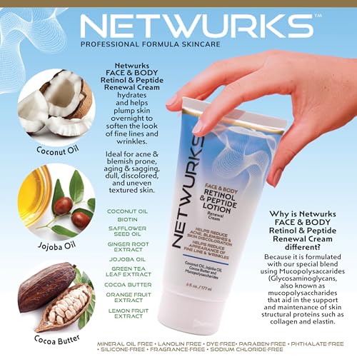 Retinol & Peptide Lotion, Renewal Night Cream for Face & Body to Help Reduce Blemishes & Appearance of Fine Lines & Wrinkles, 6 Fl Oz