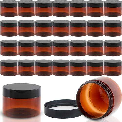 30 Pack 4 oz Amber Plastic Jars with Lids Empty Refillable Cosmetic Container for Beauty Essential Products Body Butter Creams Gel and Lotion