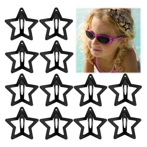 12PCS Metal Star Snap Hair Clips, 1.6 Inches Star Hair Clips for Kids Girls and Women, Silver/Gold/Black Star Snap Hair Barrettes, Non-Slip 2000s Y2K Star Cute Snap Hair Accessories(Black)