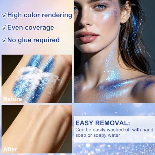 Meilury Holographic Roll-On Body & Face Glitter Gel for Party & Rave Makeup