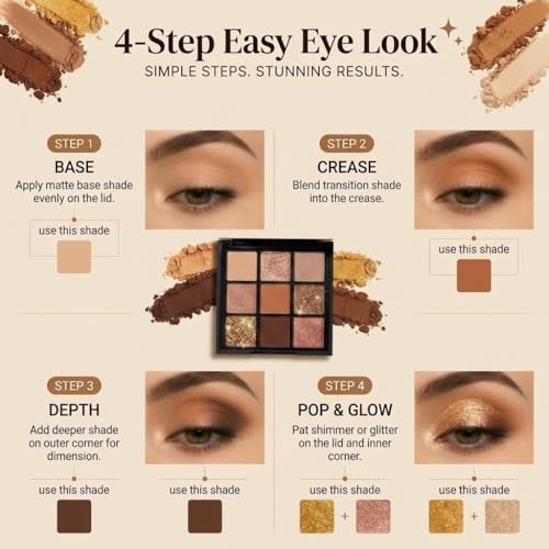 FYNLA Warm Nude 9-Color Eyeshadow Palette - Matte, Shimmer & Glitter Shades for Natural & Glam Looks