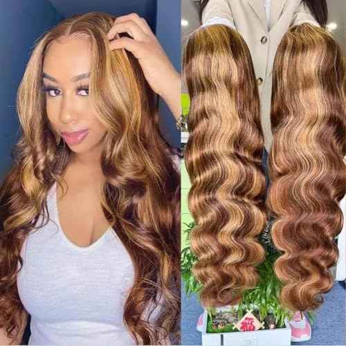250% Density Highlight Ombre Lace Frontal Wig 13x6 Human Hair Honey Blonde HD Lace Front Wig Pre Plucked with Baby Hair brown 4/27 Colored body Lace Front wig Glueless for Women Natural Hairline