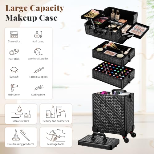 Arous 5-in-1 Black Rolling Makeup Train Case with Detachable Compartments