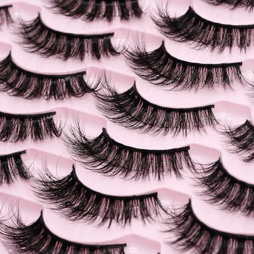 False Lashes with Glue Set Fake Eyelashes with Glue Kit Clear Band 3D Faux Mink Strips Lashes Fluffy Wispy Natural Look 14mm Cat Eye Bulk Pack by EMEDA (14 Pairs LH04)