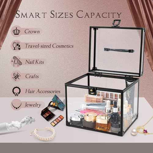 Costravio Clear Makeup Case Crown Box Toiletry Organizer Case Transparent Train Case with Latches Travel Artists Display Case for Vanity Bathroom Counter Dresser Craft Toys Case Makeup Tools Box