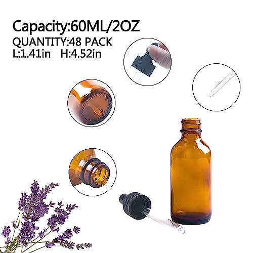 48 Pack 2oz Amber Glass Dropper Bottles, Glass Eye Dropper Bottles for Essential Oils, Perfumes