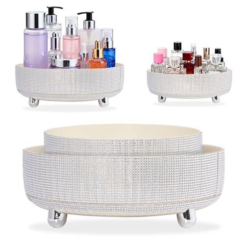 Rotating Bling Perfume Makeup Organizer, Rhinestone Cosmetic Display Cases with 2-Piece Set, 360¡Æ Spinning Bathroom Organizers for Countertop, Vanity Table | White