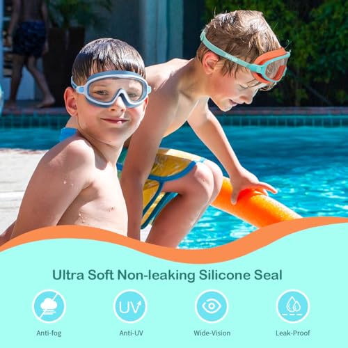 Kids Goggles for Swimming 2 Pack No Leaking Anti-Fog Outer Eye Fit with Wide View UV Protection Crystal Clear Watertight Swim Goggles with nose cover Suitable for Children Youth Boys Girls Age 3 to 15