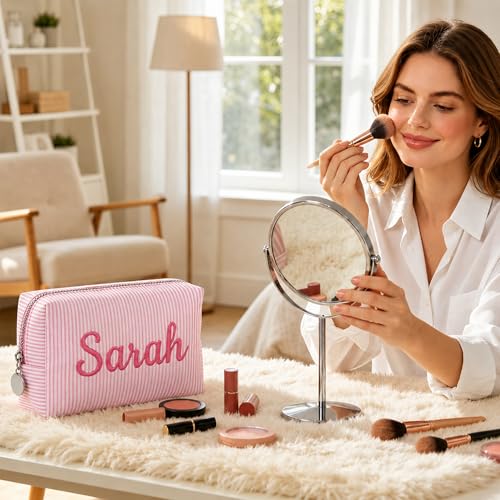 Personalized Striped Makeup Bag - Custom Name Embroidery