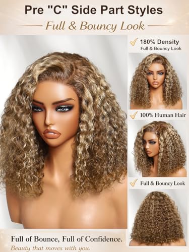 UNICE Glueless Curly Bob Wig 14" Human Hair Honey Blonde