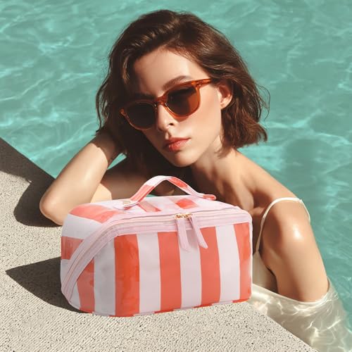 DYSHAYEN Stripe Travel Makeup Bag with Compartments Clear Coated Cosmetic Bag for Women, Waterproof Portable Open Flat Toiletry bag £¨Pink-Orange£©