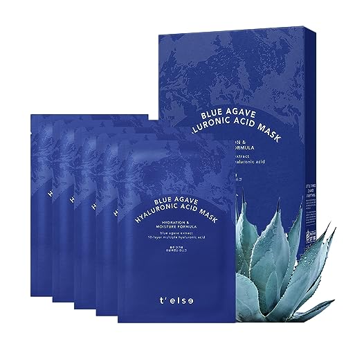 T'ELSE Blue Agave Hyaluronic Acid Mask 25ml*5ea, Watery Sheet Facial Mask with Close Adhesion, Moisturizing Facial Essence with Excellent Hydration, Long-Lasting Moisturizing, Korean Skin Care