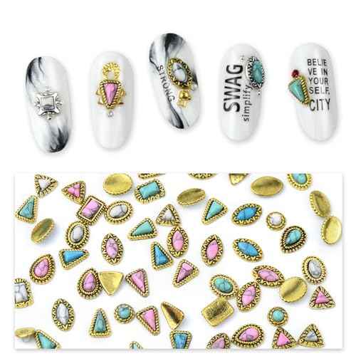 60 Piece Set of Turquoise Gemstone Pendants - 3D Nail Accessories with Hollowed Out Design, Vintage Pendants Suitable for DIY and Western Nail Art, Blue
