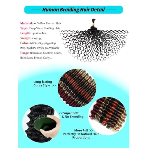 12A #30 Auburn Brown Human Braiding Hair for Boho Braids 3 Bundles 18 Inch 100g Deep Wave Braiding Hair for Bohemian Knotless Braids 100% Unprocessed Virgin Bulk Hair Extensions No Weft