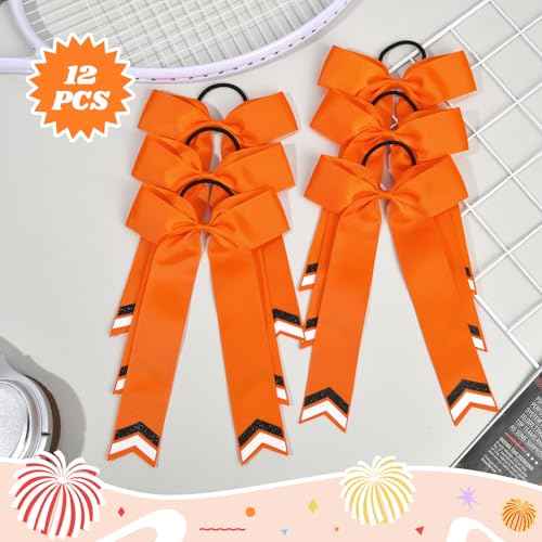 DEEKA 12PCS Collegiate Style Cheer Bows with Glitter Chevrons Tail Skinny College Cheerleader Ponytail Holder for Volleyball Softball Girls (Orange/Black/White)