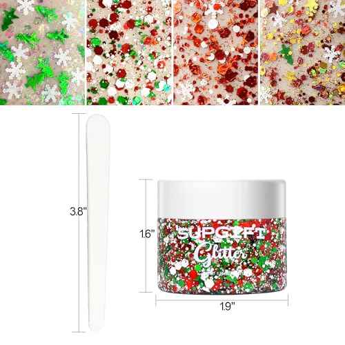 Christmas Body Glitter Gel SUPGIFT 4 Colors 8.5oz Holographic Chunky Mermaid Iridescent Laser Liquid Star Flower Leaf Sequins for Makeup Face Eyeshadow Hair with Spoon