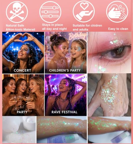 Go Ho Red White Blue Body Glitter Gel Set for 4th of July, 3 Colors with Sequins - Safe, Long-Lasting, Vegan Body Makeup