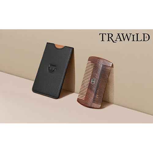 Premium Sandalwood Beard Comb with Mother of Pearl Decoration and Black Case - Traditional Craft Work & The Lux Edition for the Perfect Beard & Mustache Grooming and Gift for Men - TRAWILD (BLACK)