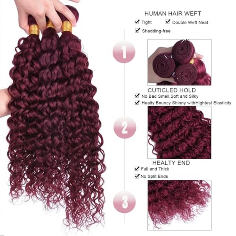 #99J Burgundy Water Wave Bundles - 24 26 28 Inch Brazilian Virgin Hair