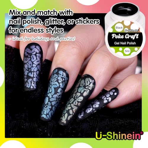 U-Shinein Black Poke Gel Nail Polish Kit with Base Coat & Wood Sticks