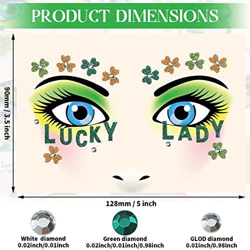 St. Patrick's Day Face Stickers, 9 Sheets Glitter Rhinestone Shamrock