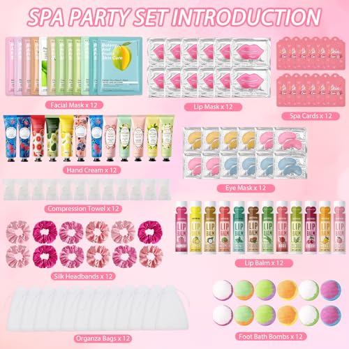 120PCS Spa Party Supplies for Girls, Include Facial Masks, Lip Mask, Under Eye Patches, Lip Balm, Foot Bath Bombs, Hand Cream, Compressed Towel, Hair Band, Sleepover Party Supplies for Girls