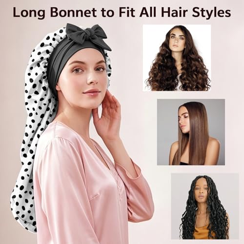 Deokke Satin Long Hair Braid Bonnet for Sleeping – Double Layer Tie Band Nightcap Women Girls
