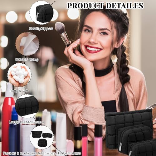 Huhumy 3-Piece Quilted Makeup Bag Set - Black Cosmetic Pouches
