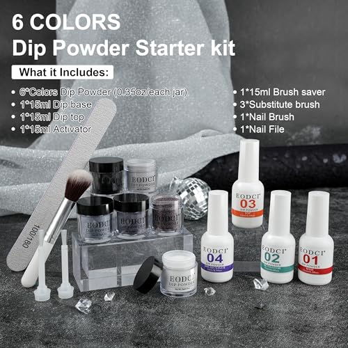 Eodci Dip Powder Nail Starter Kit - 6 Color Set with Liquids & Tools