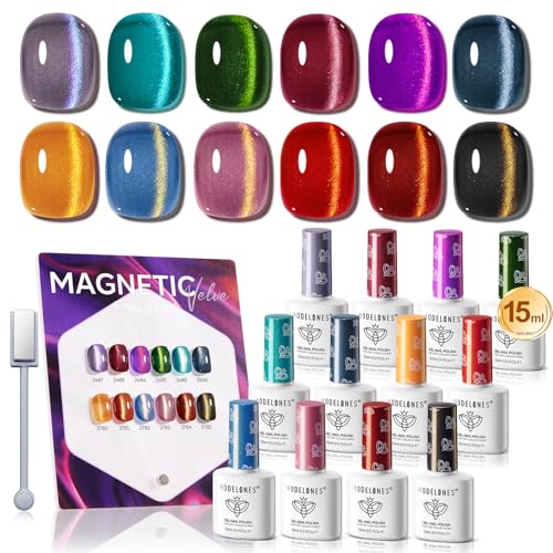 modelones 15ML Cat Eye Gel Nail Polish Set, 12Pcs Glitter Pink Red Green Purple Blue Cateye Gel Polish Set with Magnet Sparkle Series Hema-free Gel Polish Kit Same Color Same Bottle Soak Off Nail Art