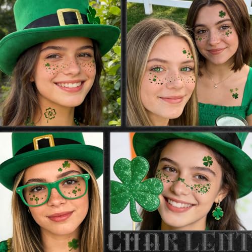 Glitter Shamrock Freckles Face Tattoos | 18 Sheets St. Patrick¡¯s Day Temporary Makeup Patches for Women Kids St. Patrick's Day Parade, Irish Festival Looks