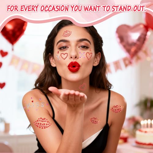 Face Gems Stickers with Red Lips & Hearts - 5 Sheet