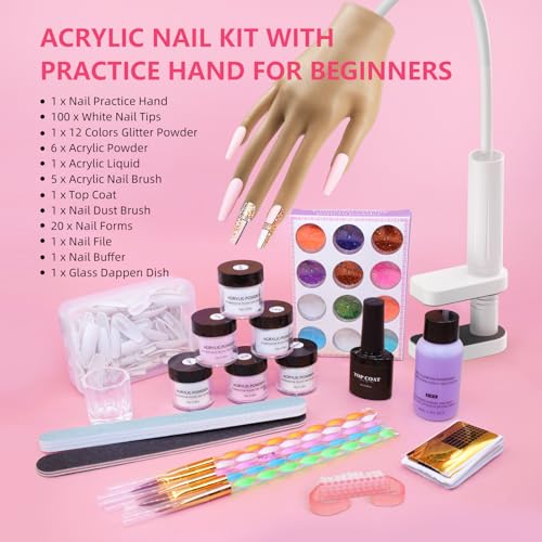 Practice Hand for Acrylic Nails - Acrylic Fake Mannequin Practice Hand - Flexible Hands Model With Powder and Liquid Full Nail Kit for Beginners