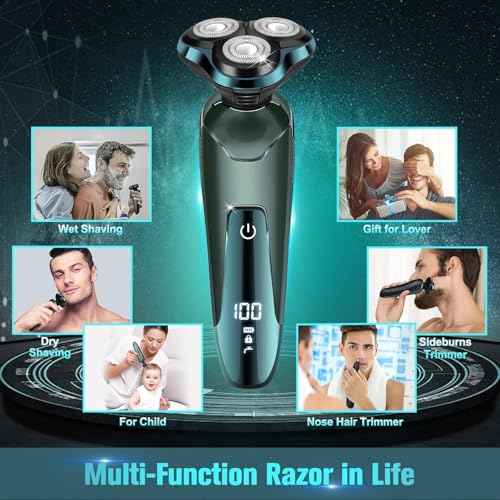 Electric Razor for Men, Electric Shavers for Men's Faces, Detachable Blade 3D Rotary for Shaving with Nose Trimmer Face Cleaning Brush Head Shavers, Wet/Dry/Waterproof Razors for Men Matte Green