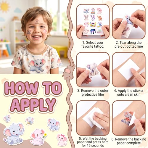 96 PCS Baby Elephant Temporary Tattoos for Kids Party
