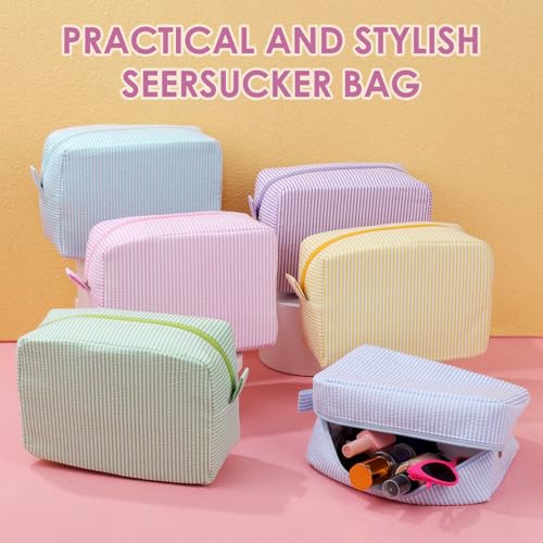 Sanwuta Large Seersucker Makeup Bag Set - 6 Cute Travel Organizers