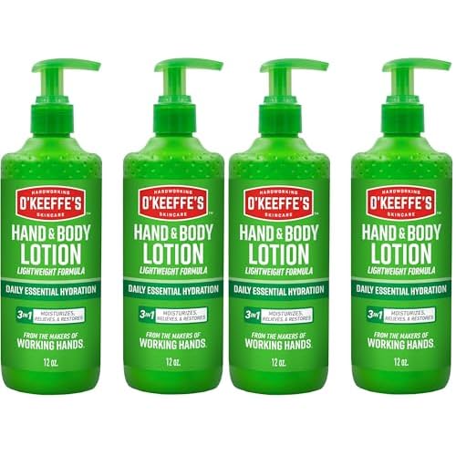 O'Keeffe's Hand and Body Lotion with Glycerin and Shea Butter - 12 oz Pump - Daily Essential Hydration, Heals & Relieves Extremely Dry Skin,(Pack of 4)