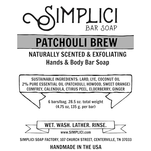 Simplici Patchouli Brew Natural Soap (exfoliating + pure essential oils) 6 Bar Value Bag. Palm Free.
