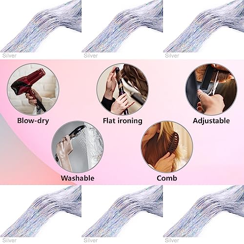 Silver Hair Tinsel Kit 48 Inches 1200 Strands with Tools and Instruction Easy to Install Fairy Glitter Tinsel Hair Extensions for Women and Girls，Shinny Sparkling Braiding Hair Accessories for Halloween Cosplay Party