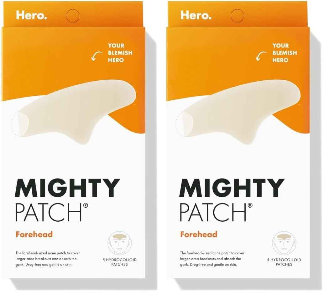 Mighty Patch Hero Cosmetics Forehead Patch - Hydrocolloid Acne Pimple Patch, Contoured to Cover Larger Area of Zits and Blemishes - Drug-Free and Suitable for Sensitive Skin (5 Count) (Pack of 2)